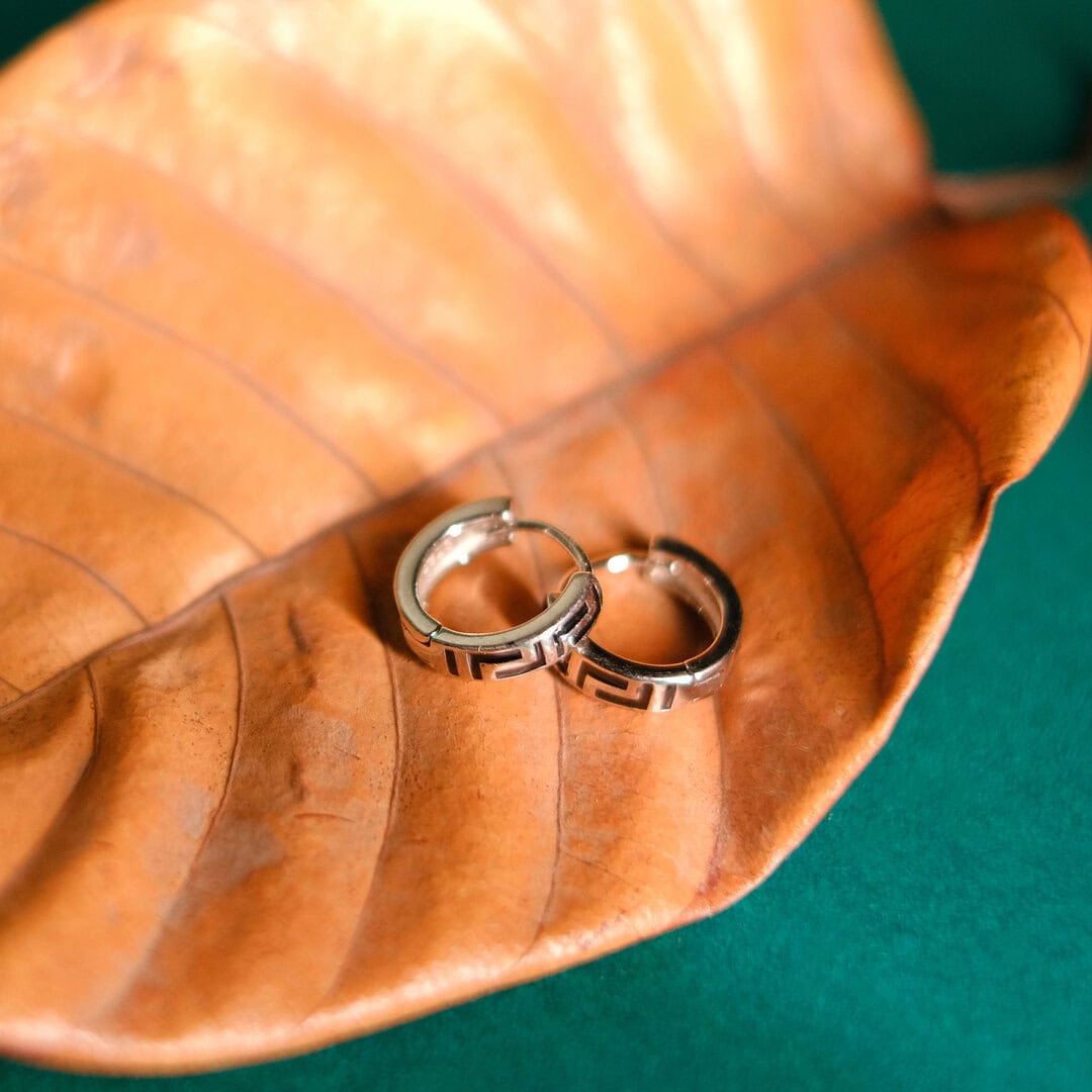 925 Sterling Silver Greek Key Pattern Hoop Earrings for Men | Unisex Bali