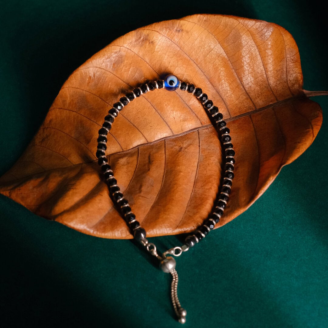 Evil Eye Protection Bracelet, Sterling Silver 92.5, Black Beads, Adjustable Thread Clasp