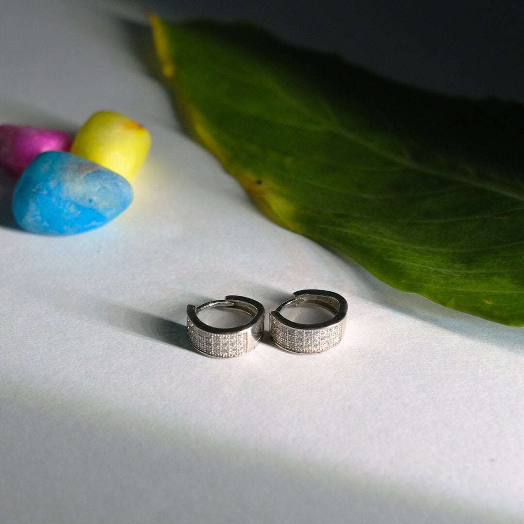 925 Sterling Silver 3-Line Crystal Hoop Earrings | Unisex Sparkling Studs | Elegant
